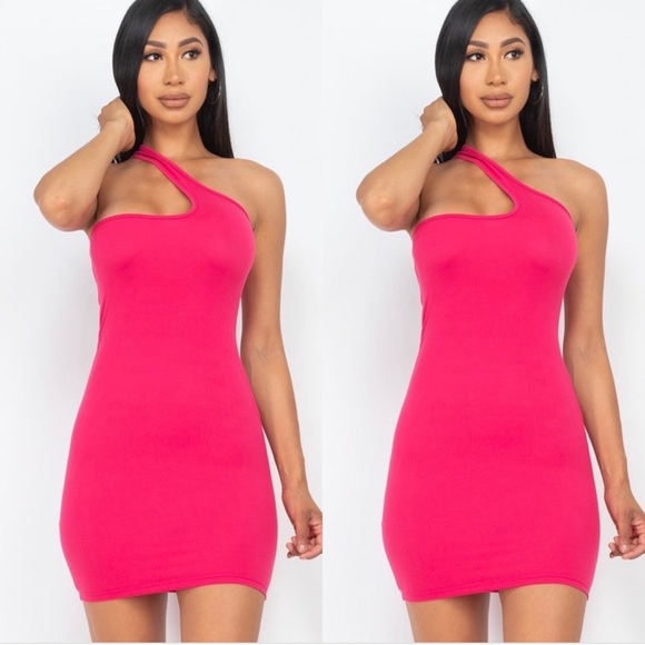 NEW TRENDY FUCHSIA ONE SHOULDER BODYCON MIDI DRESS - Picture 1 of 5